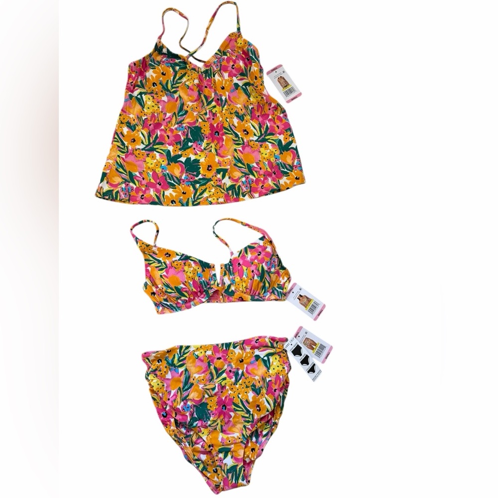 ANNE COLE 3 Piece Swim Bundle SUNSHINE FLORAL SIZE SMALL BIKINI TANKINI HI RISE
